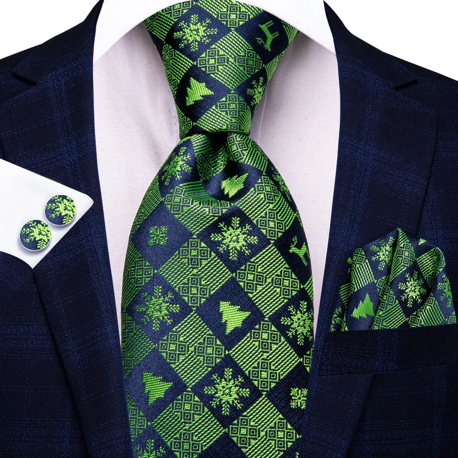 Hi-Tie Christmas Blue Green Novelty Tie Pocket Square Cufflinks Set