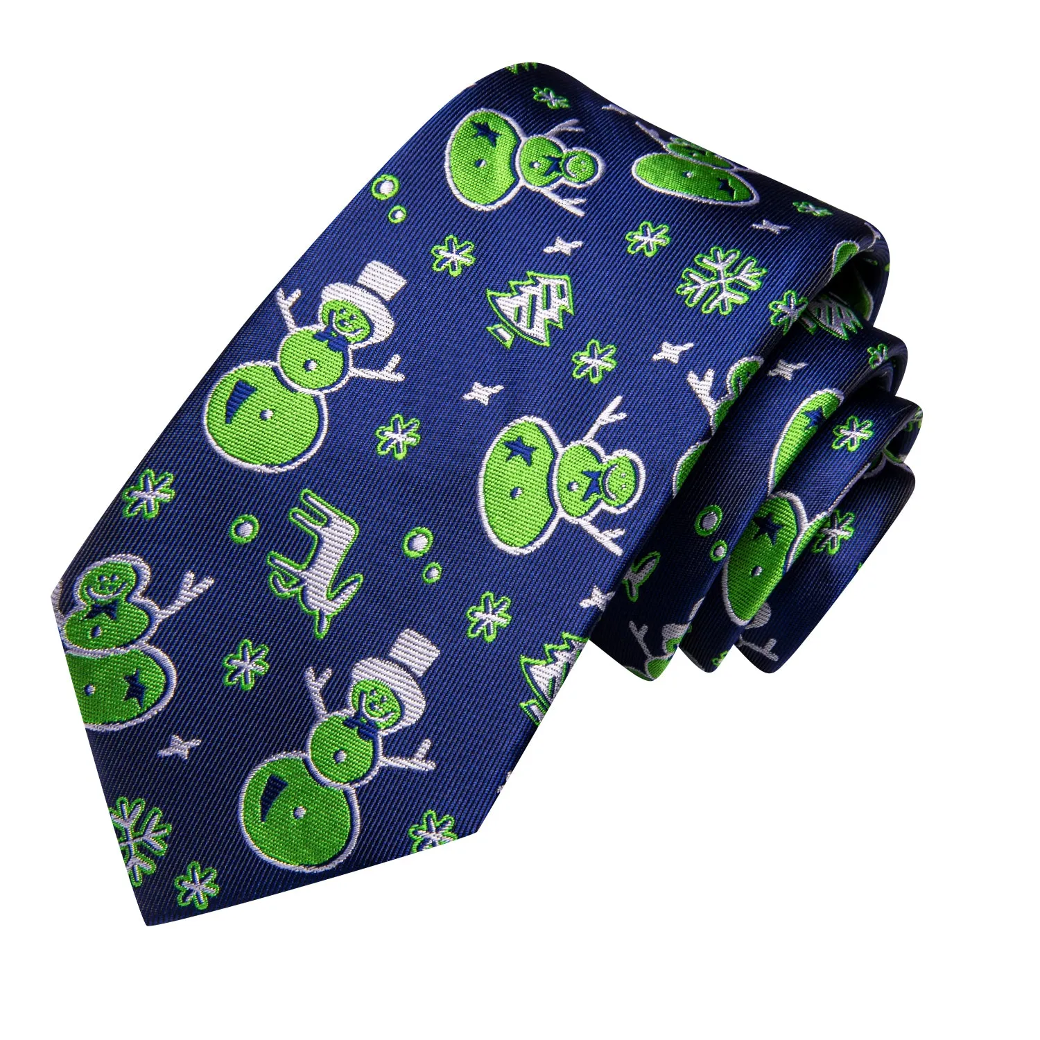 Hi-Tie Christmas Blue Green Snowmen Men's Neck Tie Hanky Cufflinks Set