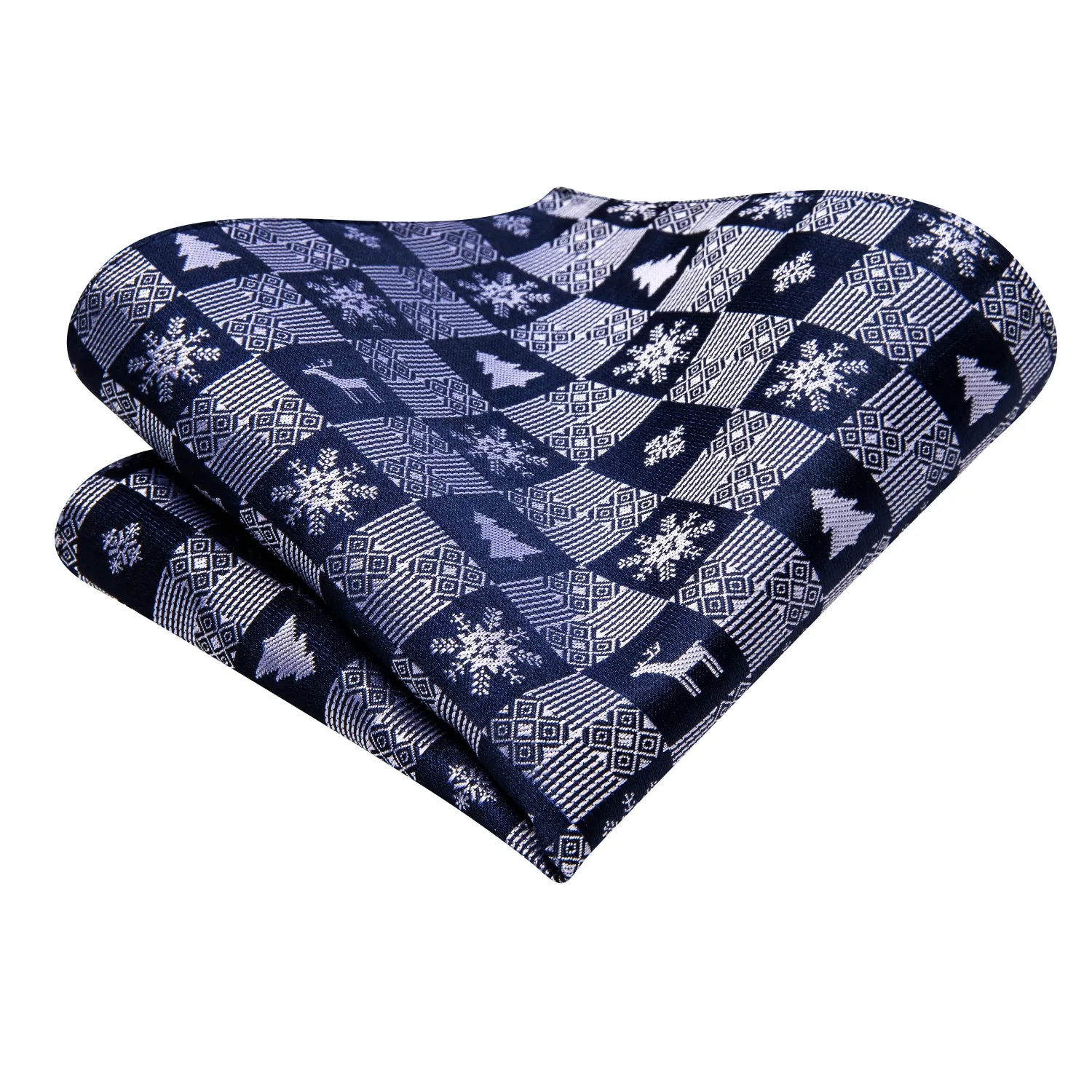 Hi-Tie Christmas Blue White Men's Neck Tie Pocket Square Cufflinks Set