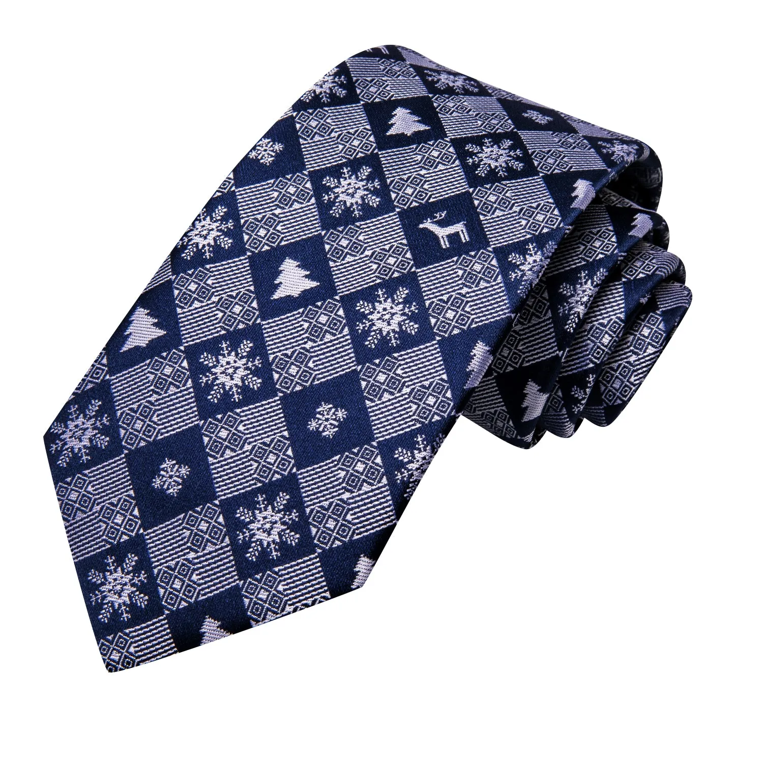 Hi-Tie Christmas Blue White Men's Neck Tie Pocket Square Cufflinks Set