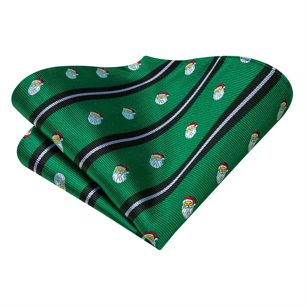 Hi-Tie Christmas Green Black Striped Snowman Tie Pocket Square Cufflinks Set