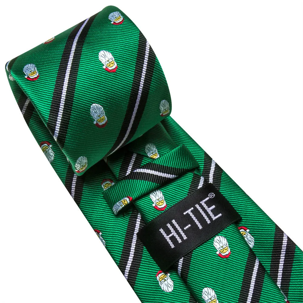 Hi-Tie Christmas Green Black Striped Snowman Tie Pocket Square Cufflinks Set