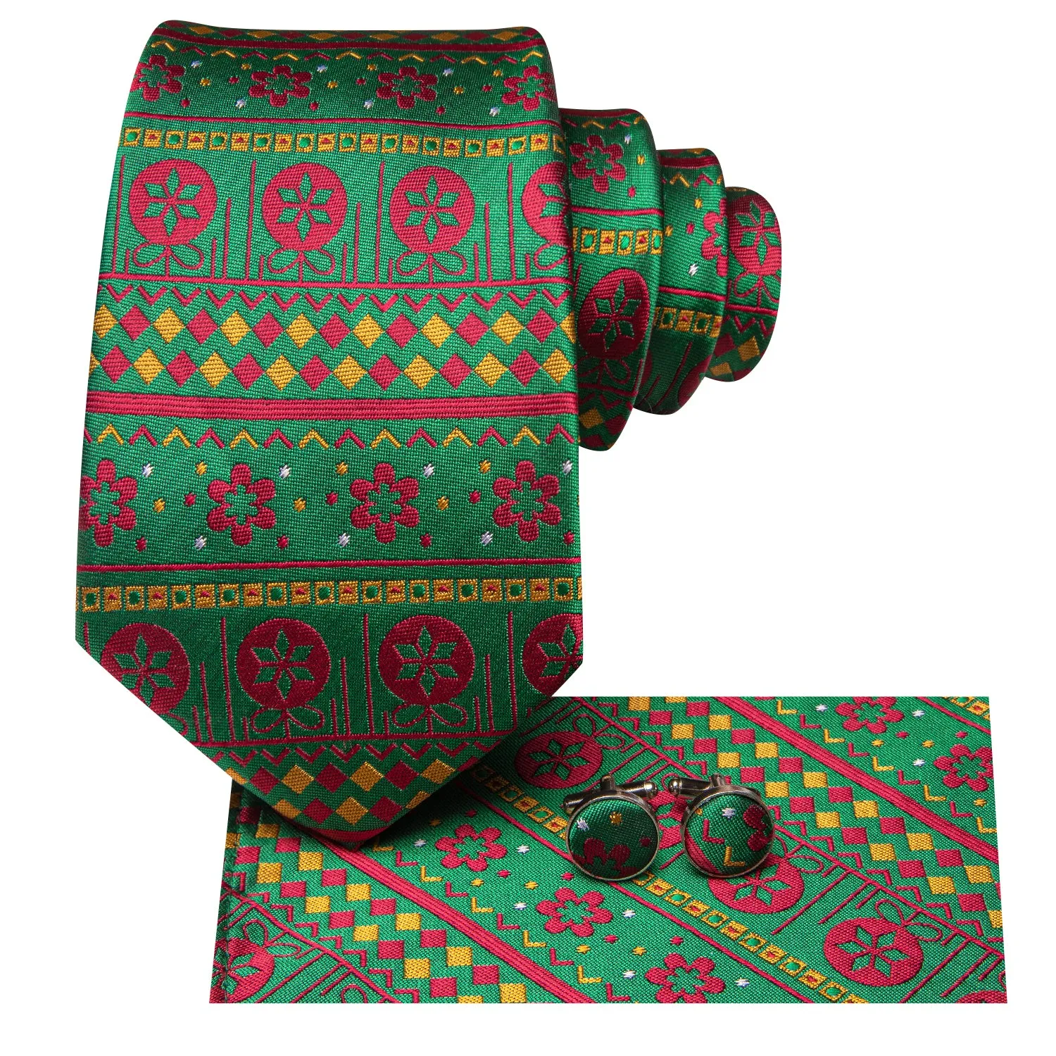 Hi-Tie Christmas Green Novelty Men's Tie Pocket Square Cufflinks Set