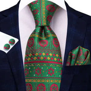 Hi-Tie Christmas Green Novelty Men's Tie Pocket Square Cufflinks Set