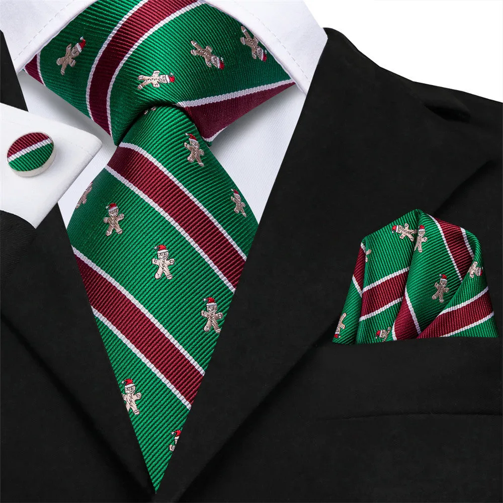 Hi-Tie Christmas Green Red Striped Gingerbread Man Necktie Set