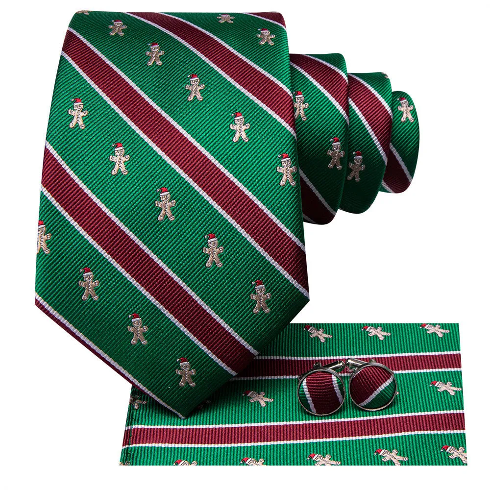 Hi-Tie Christmas Green Red Striped Gingerbread Man Necktie Set