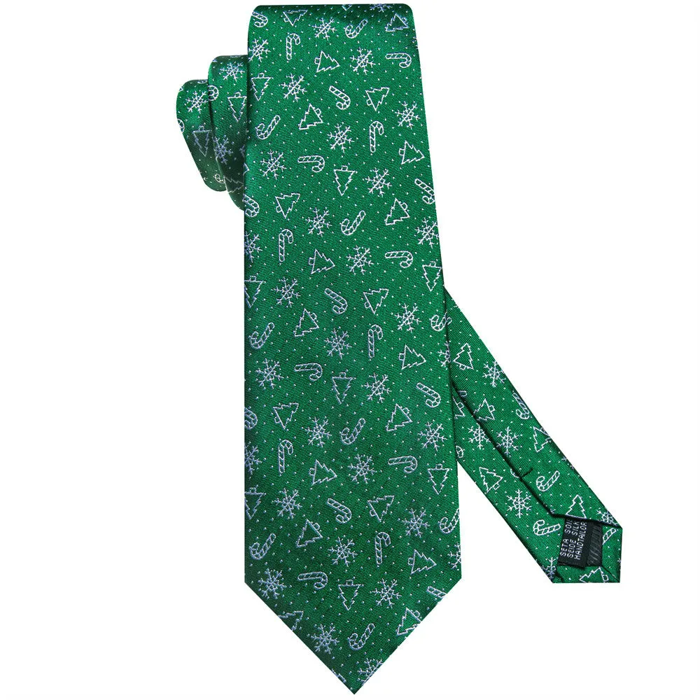 Hi-Tie Christmas Green Snow Designer Tie Pocket Square Cufflinks Set