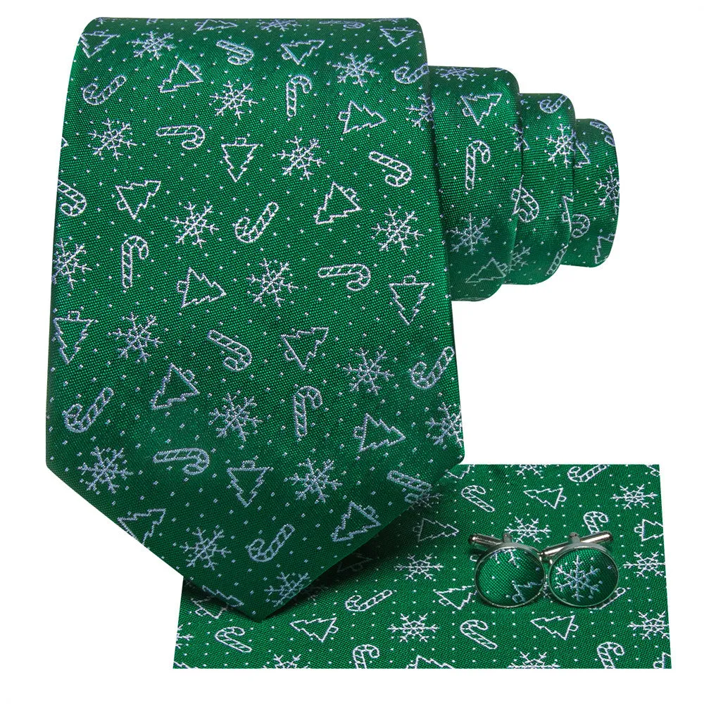 Hi-Tie Christmas Green Snow Designer Tie Pocket Square Cufflinks Set