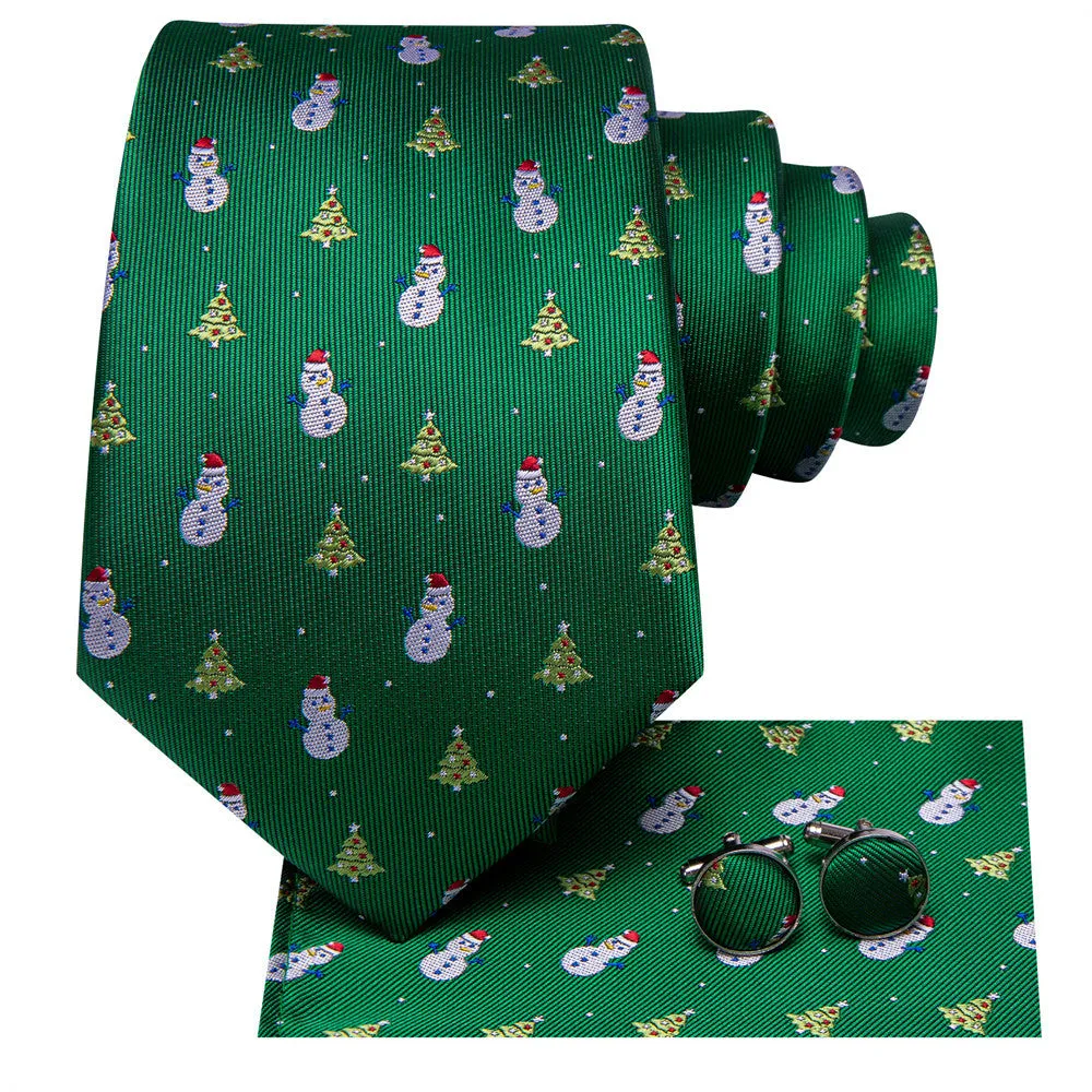 Hi-Tie Christmas Green Snowman and Pine Tie Pocket Square Cufflinks Set