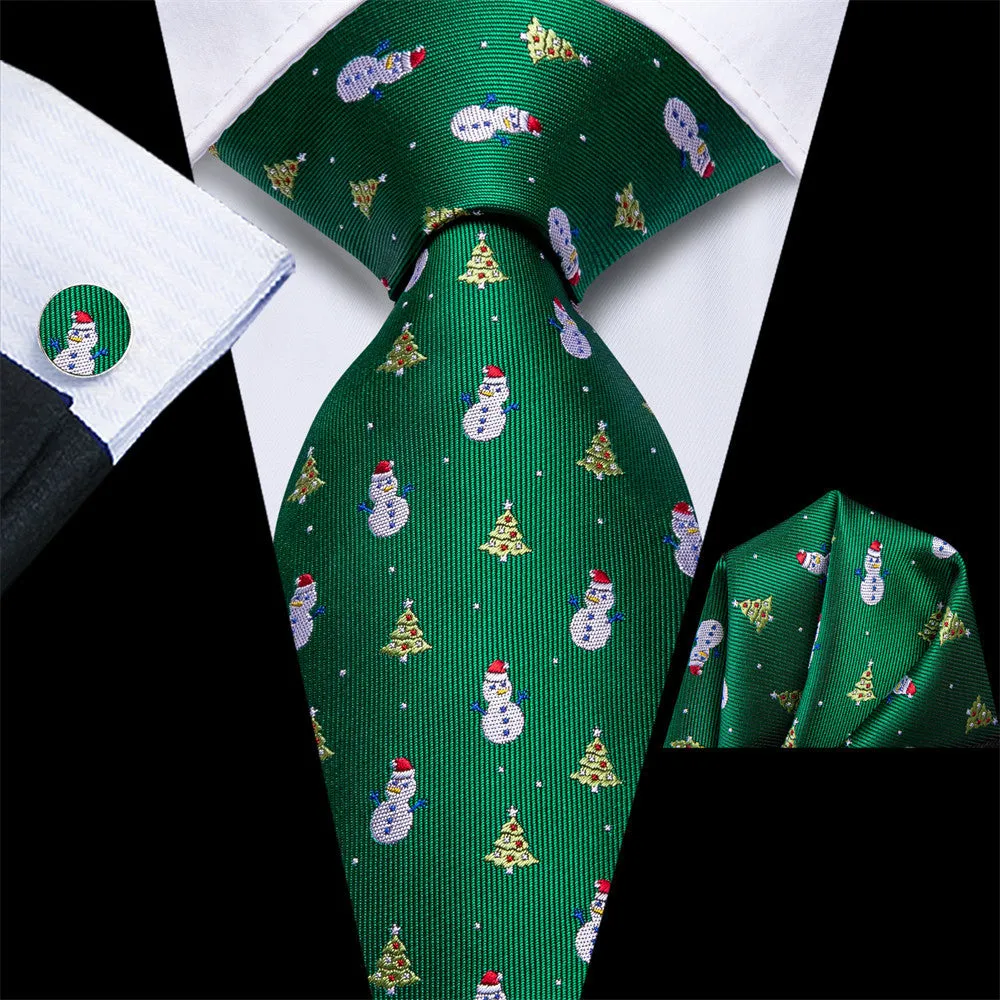 Hi-Tie Christmas Green Snowman and Pine Tie Pocket Square Cufflinks Set