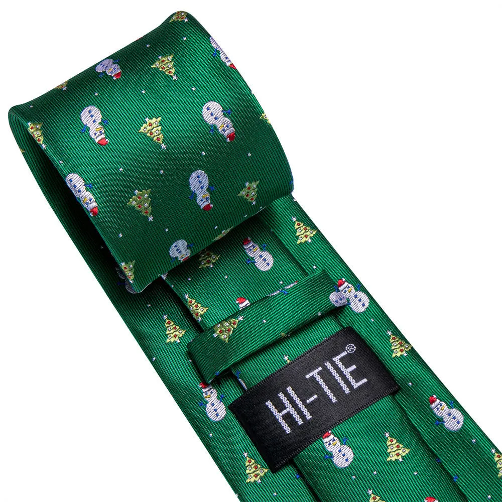 Hi-Tie Christmas Green Snowman and Pine Tie Pocket Square Cufflinks Set