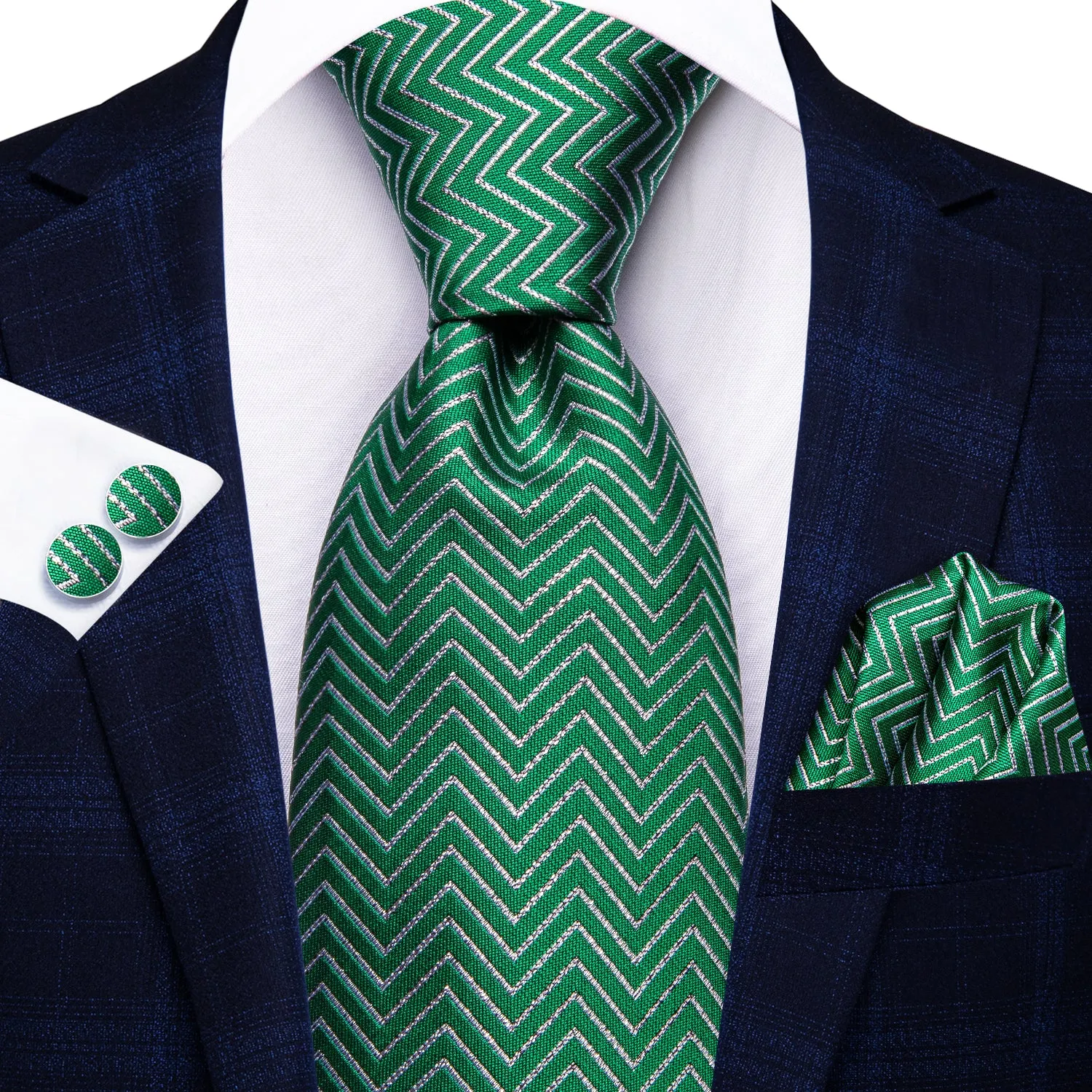 Hi-Tie Christmas Green White Men's Tie Pocket Square Cufflinks Set