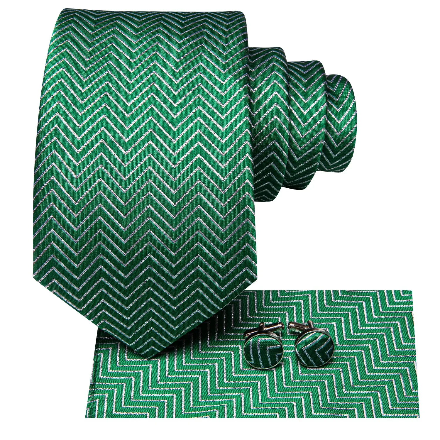 Hi-Tie Christmas Green White Men's Tie Pocket Square Cufflinks Set