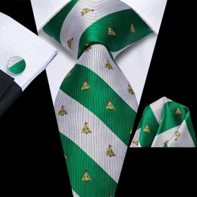 Hi-Tie Christmas Green White Striped Tie Pocket Square Cufflinks Set