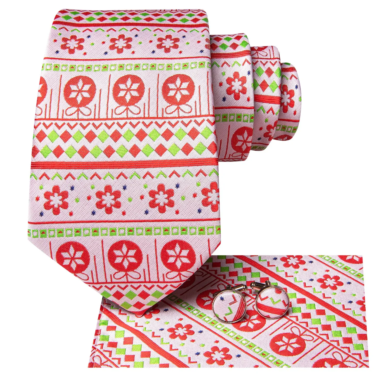 Hi-Tie Christmas Pink Red Novelty Mens Tie Pocket Square Cufflinks Set