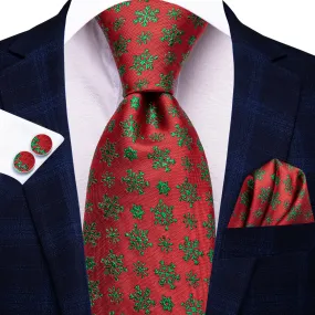 Hi-Tie Christmas Red Green Snowflakes Tie Pocket Square Cufflinks Set