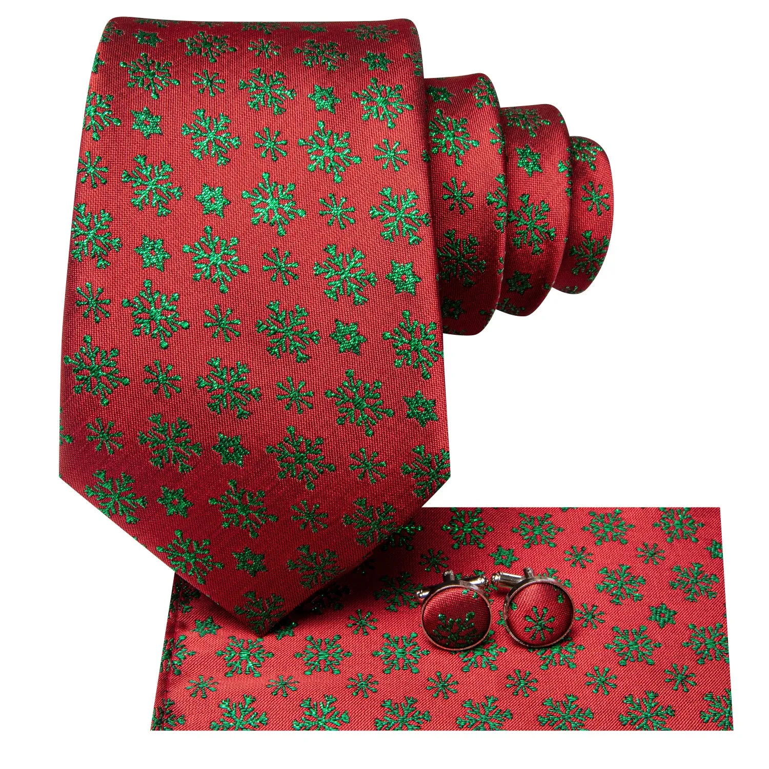 Hi-Tie Christmas Red Green Snowflakes Tie Pocket Square Cufflinks Set