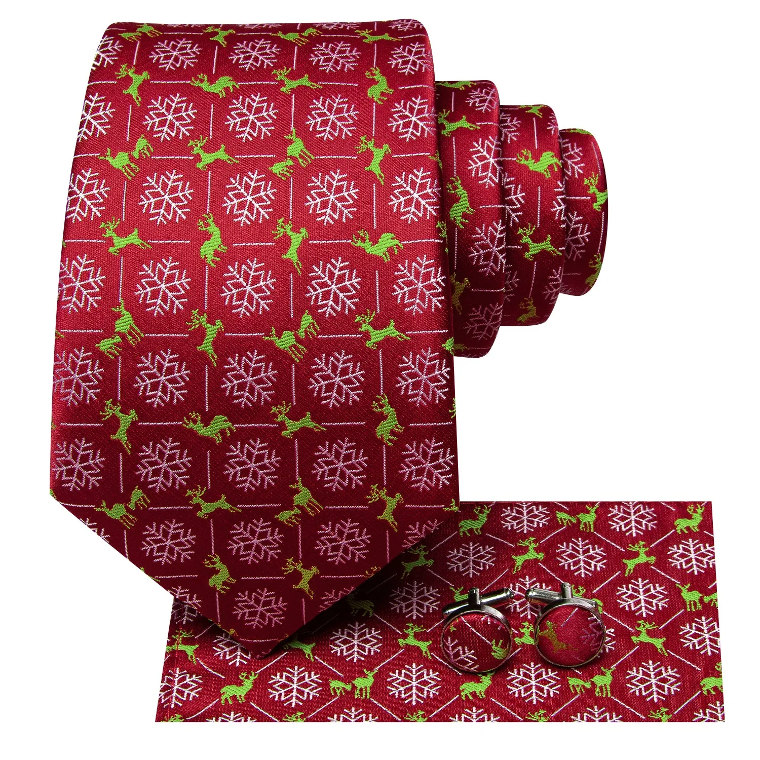 Hi-Tie Christmas Red Snowflake Deer Tie Pocket Square Cufflinks Set