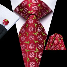 Hi-Tie Christmas Red Snowflake Deer Tie Pocket Square Cufflinks Set