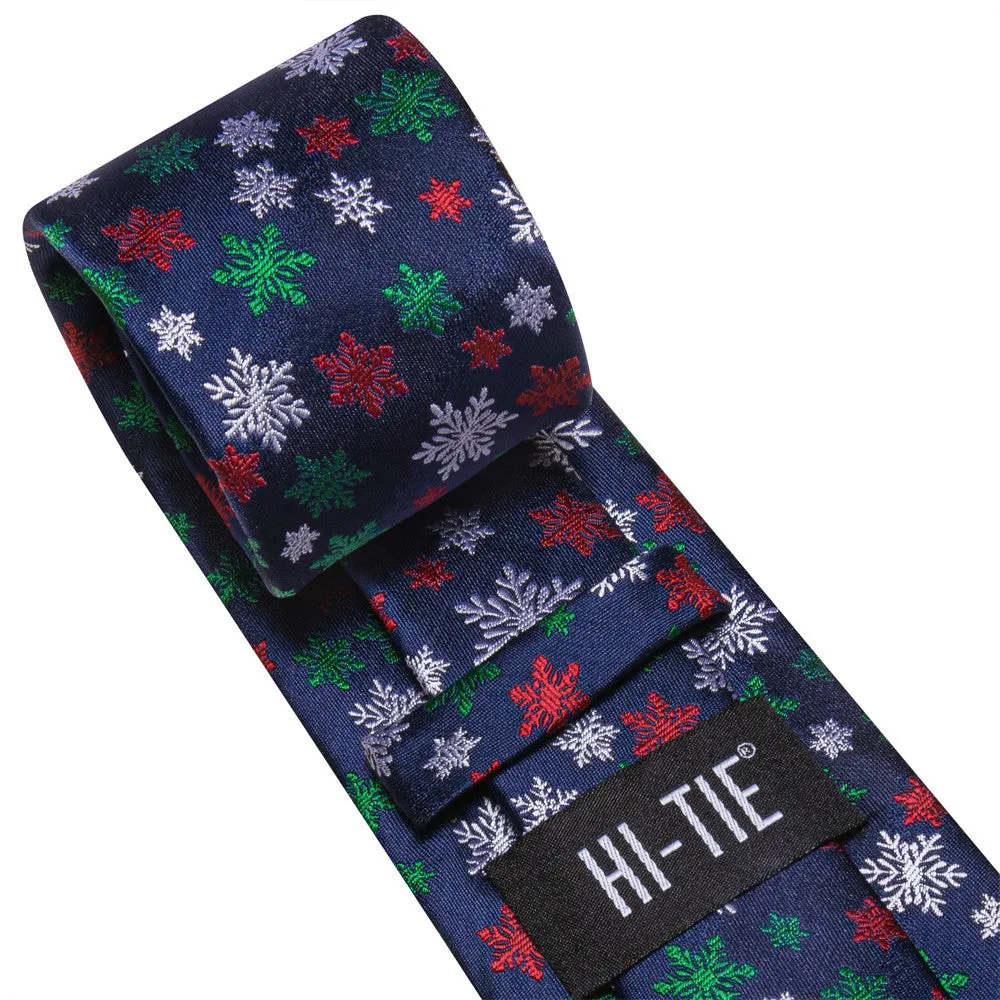 Hi-Tie Dark Blue White Snow Christmas Designer Silk Necktie Set