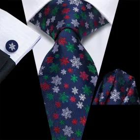 Hi-Tie Dark Blue White Snow Christmas Designer Silk Necktie Set