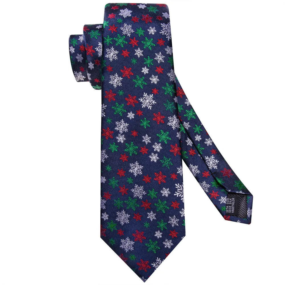 Hi-Tie Dark Blue White Snow Christmas Designer Silk Necktie Set