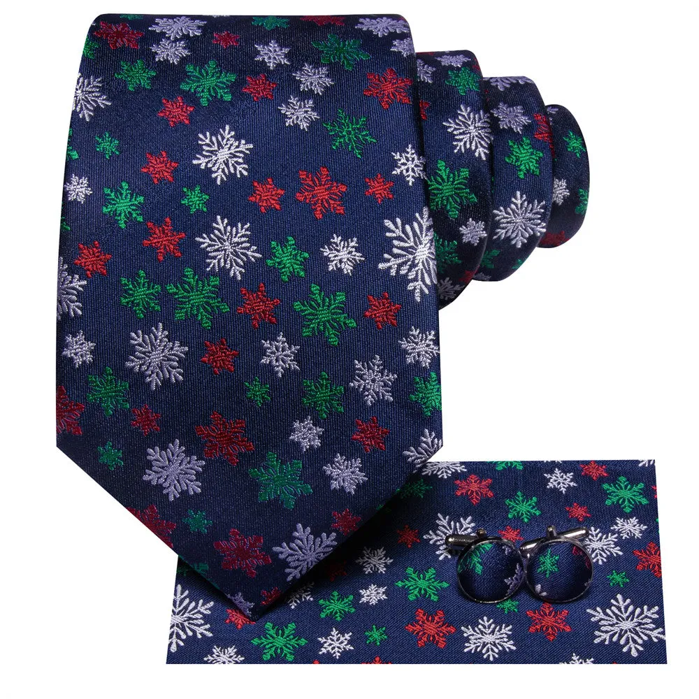 Hi-Tie Dark Blue White Snow Christmas Designer Silk Necktie Set