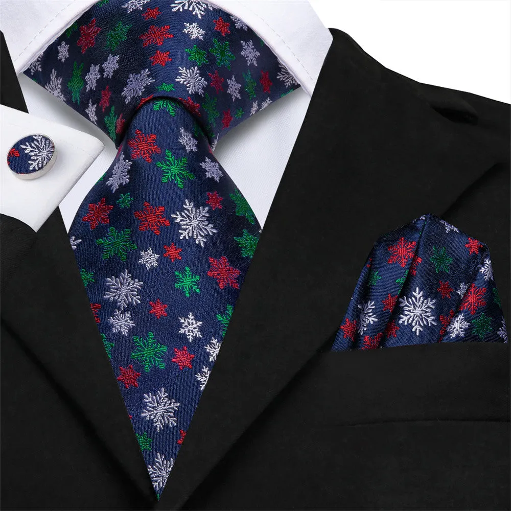 Hi-Tie Dark Blue White Snow Christmas Designer Silk Necktie Set