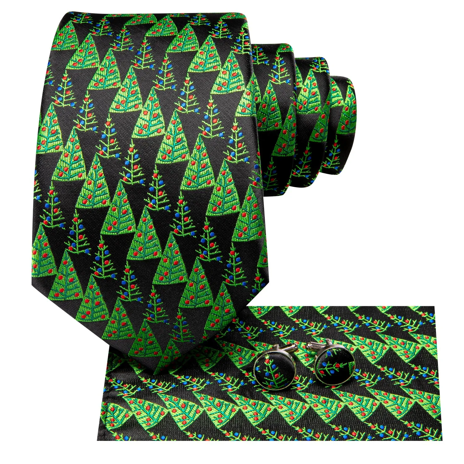 Hi-Tie Dark Green Black Novelty Necktie Pocket Square Cufflinks Set