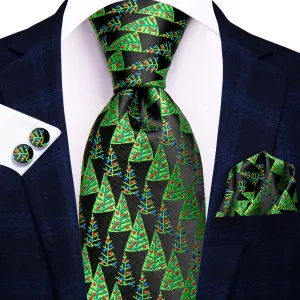 Hi-Tie Dark Green Black Novelty Necktie Pocket Square Cufflinks Set