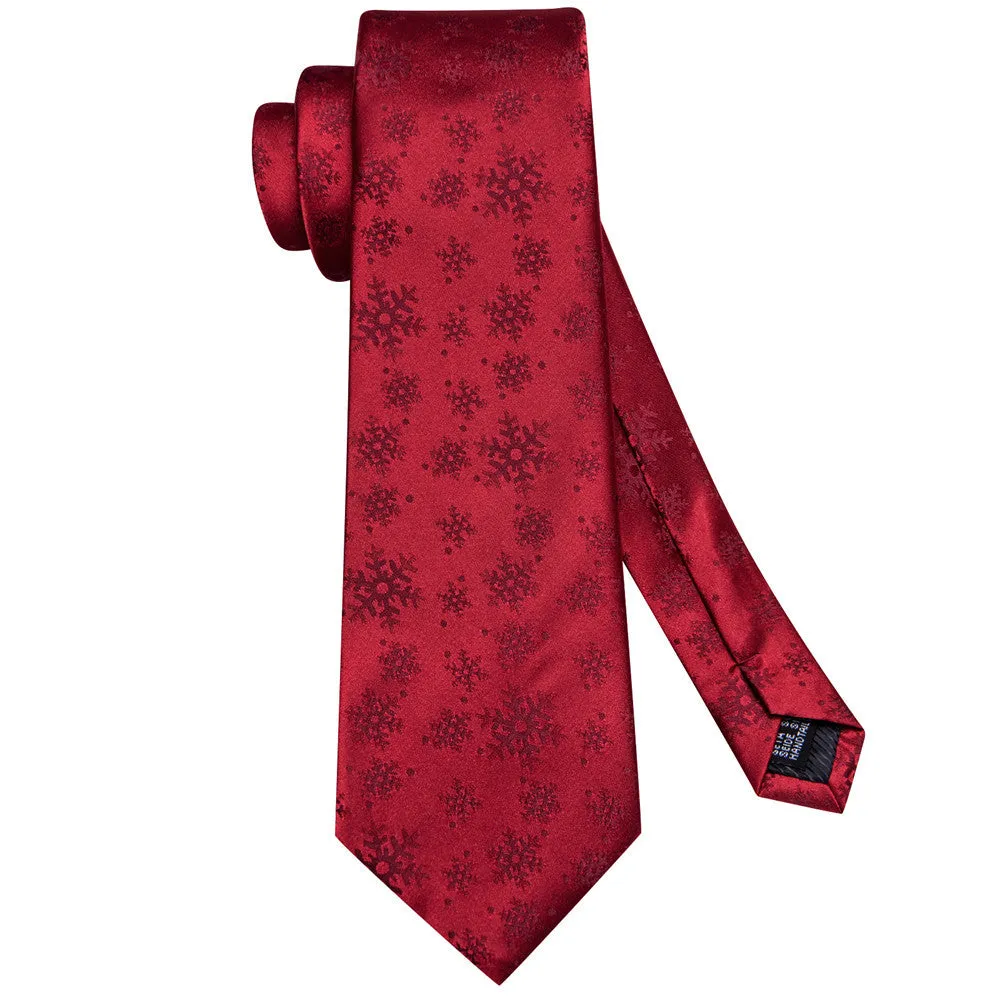 Hi-Tie Dark Red Snow Designer Christmas Tie Pocket Square Cufflinks Set