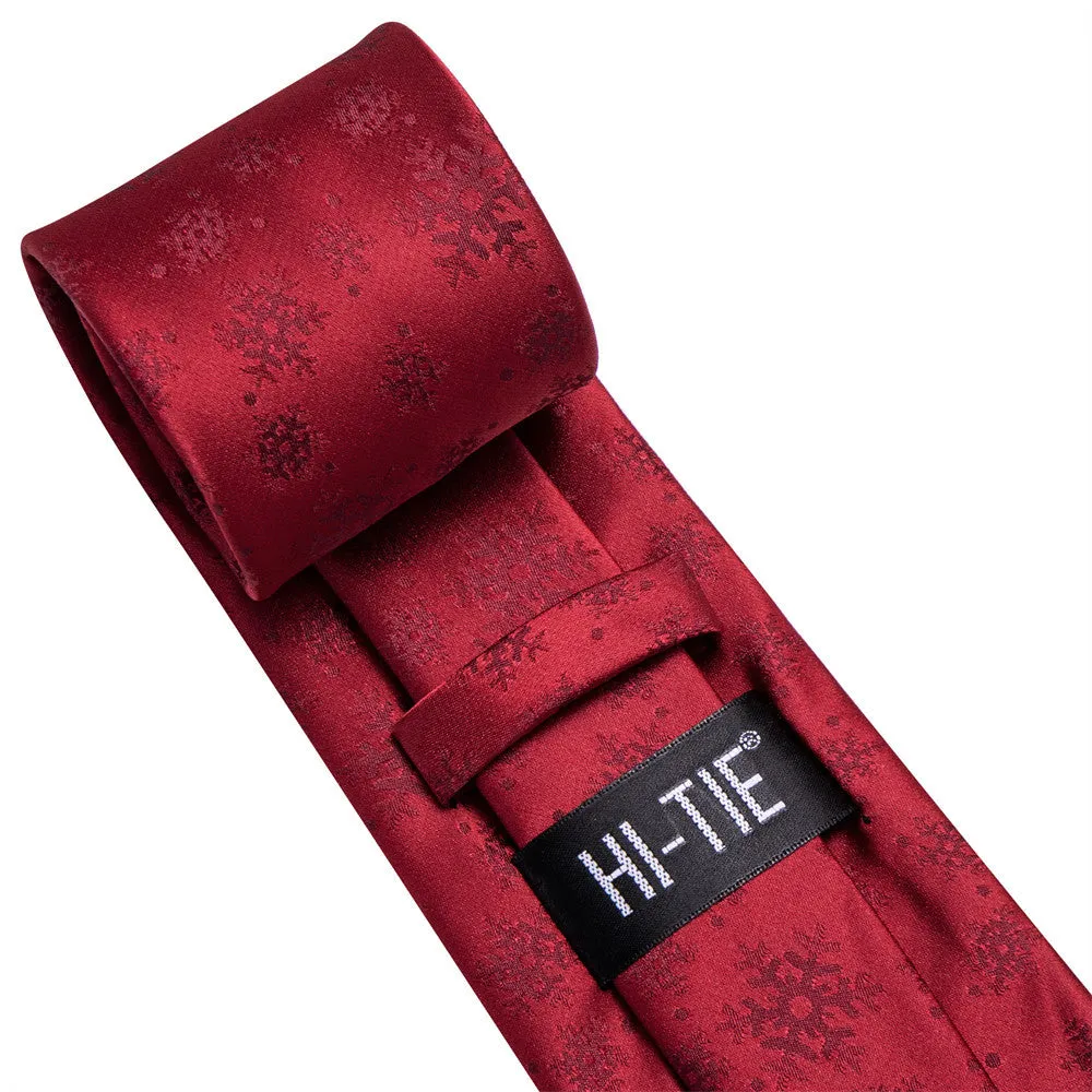 Hi-Tie Dark Red Snow Designer Christmas Tie Pocket Square Cufflinks Set