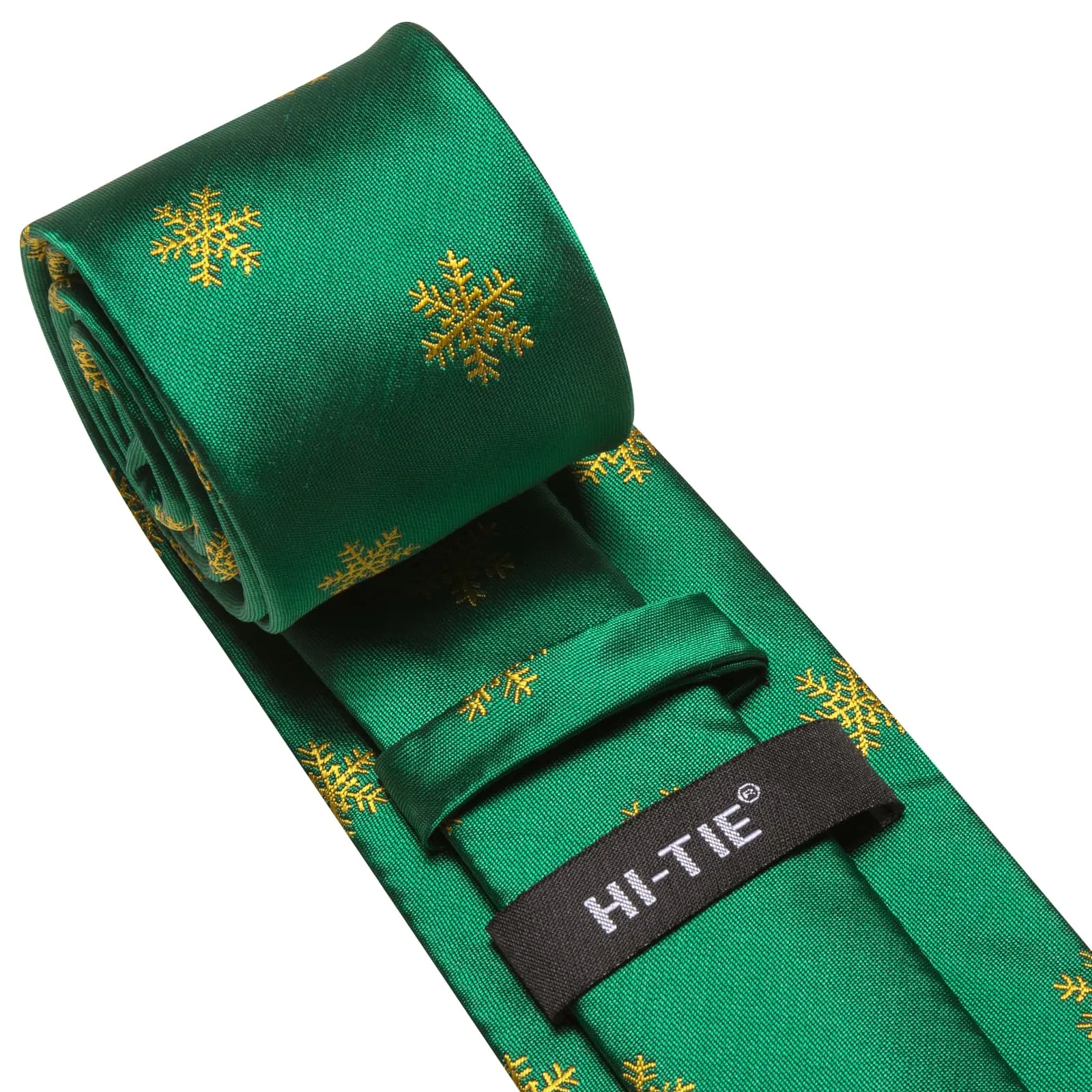 Hi-Tie Dark Spring Green Tie Gold Snowflake Tie Hanky Cufflinks Set