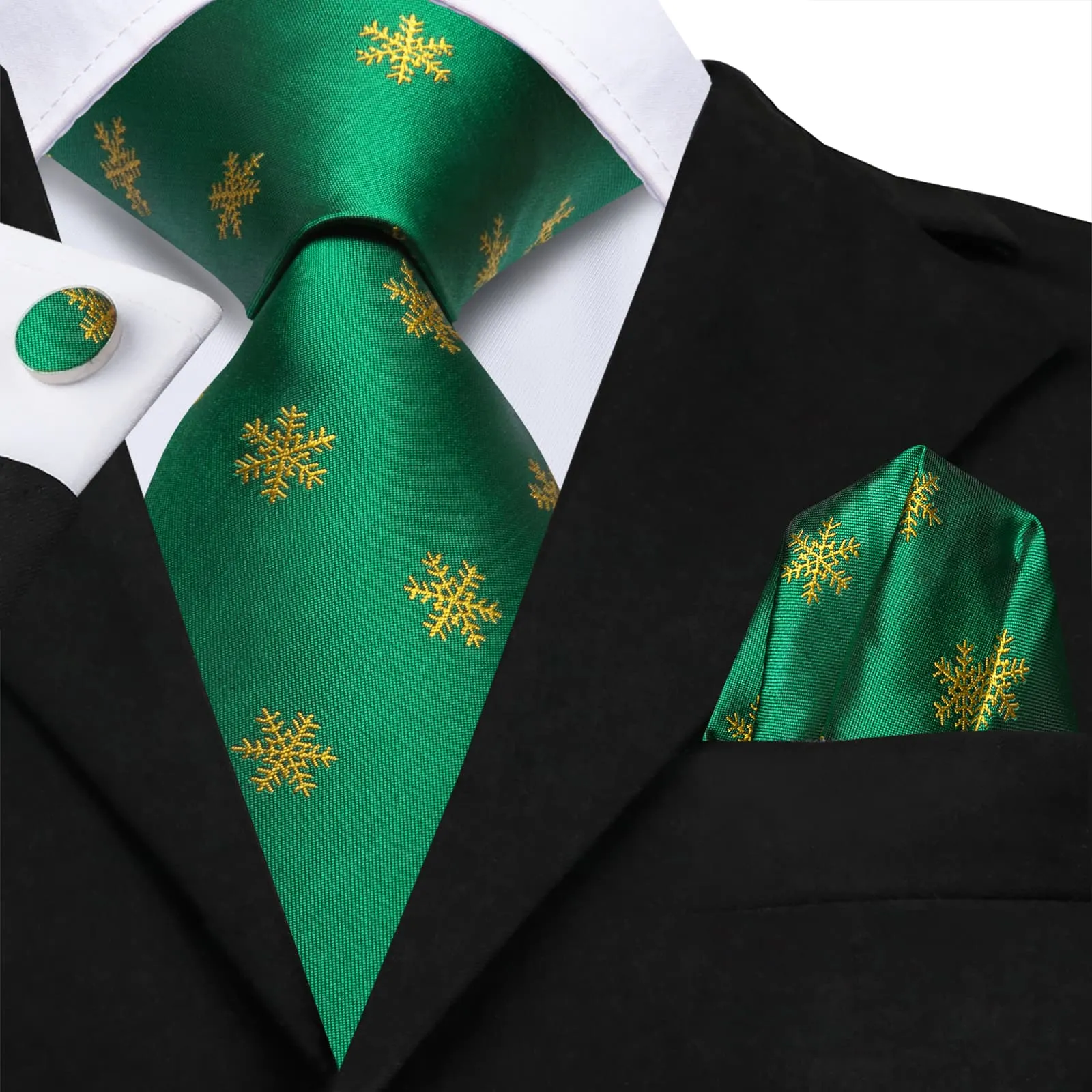 Hi-Tie Dark Spring Green Tie Gold Snowflake Tie Hanky Cufflinks Set