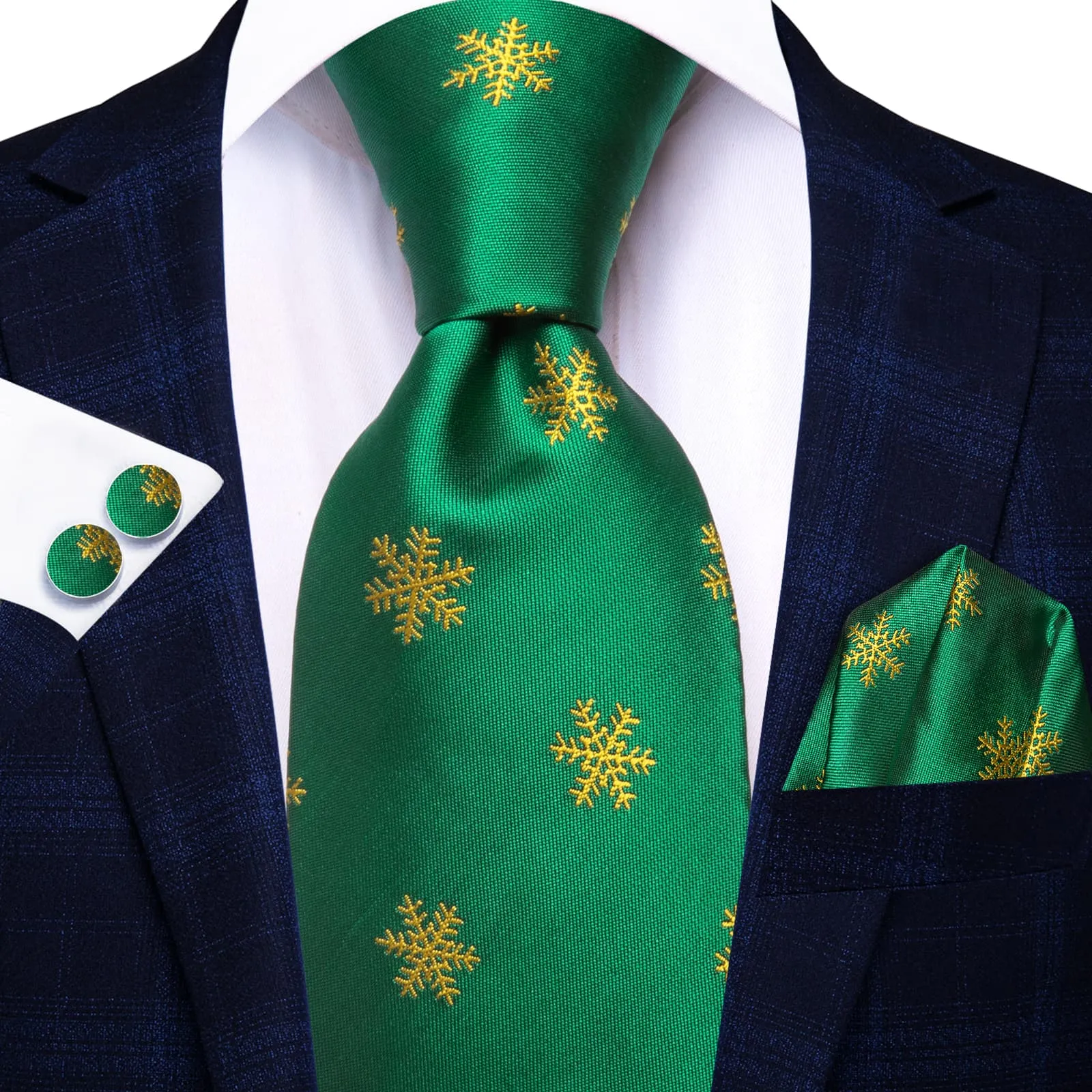 Hi-Tie Dark Spring Green Tie Gold Snowflake Tie Hanky Cufflinks Set