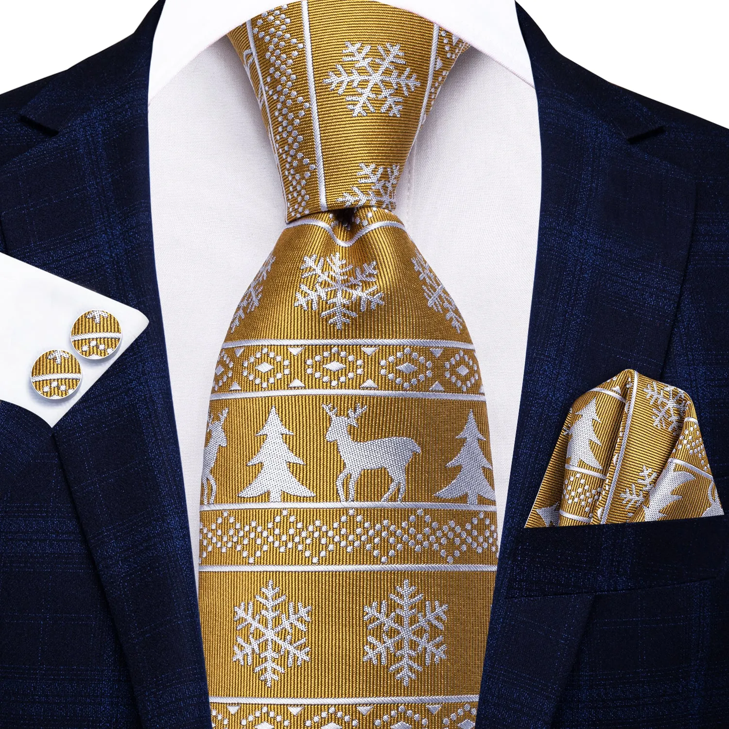 Hi-Tie Golden White Elk Christmas Necktie Pocket Square Cufflinks Set