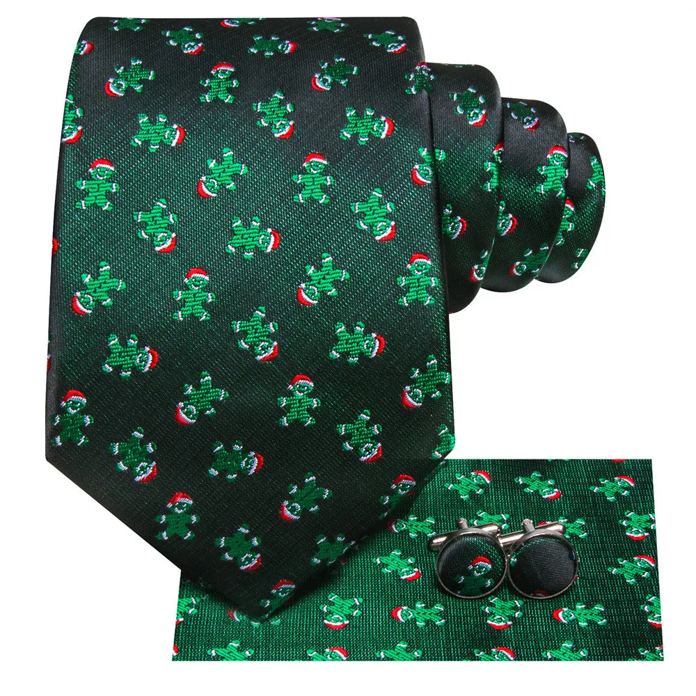 Hi-Tie Green Christmas Ginger Bread Tie Pocket Square Cufflinks Set