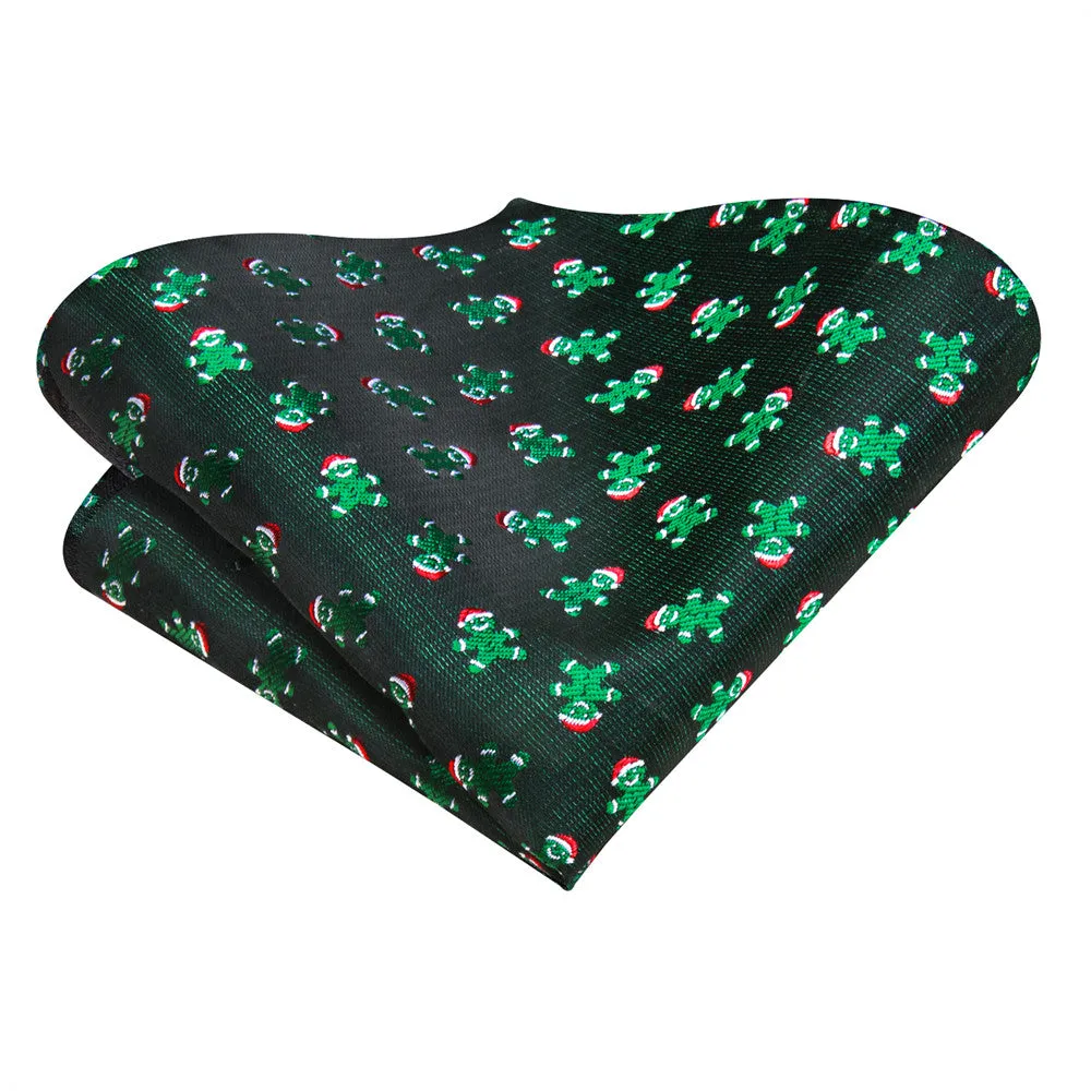 Hi-Tie Green Christmas Ginger Bread Tie Pocket Square Cufflinks Set