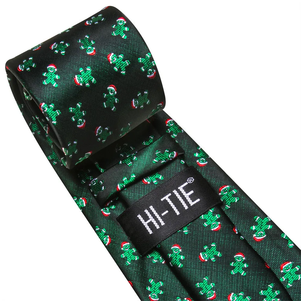 Hi-Tie Green Christmas Ginger Bread Tie Pocket Square Cufflinks Set