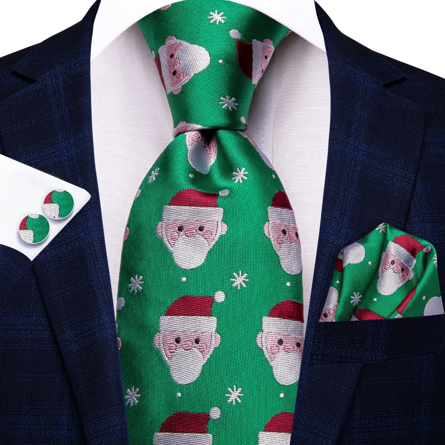 Hi-Tie Green Christmas Snowmen Men's Tie Pocket Square Cufflinks Set