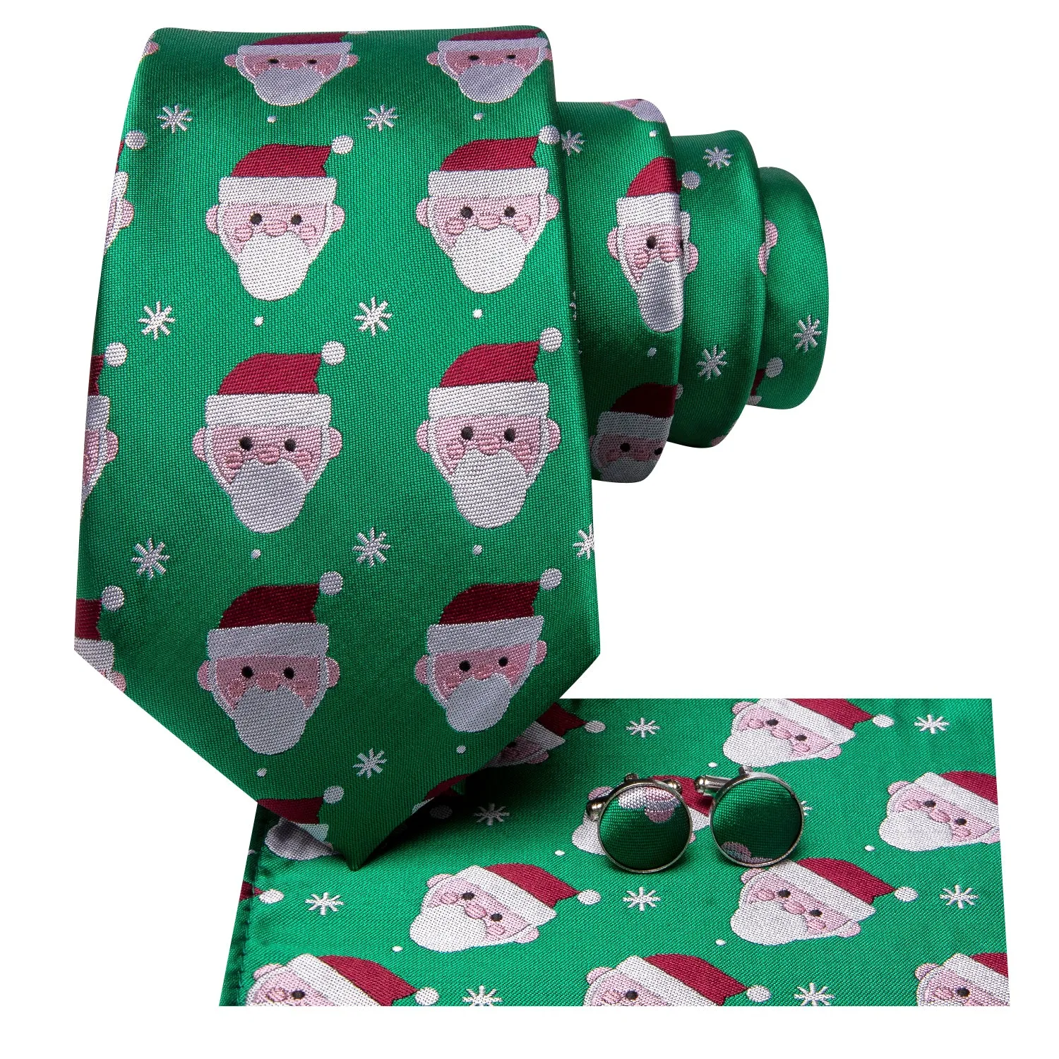 Hi-Tie Green Christmas Snowmen Men's Tie Pocket Square Cufflinks Set