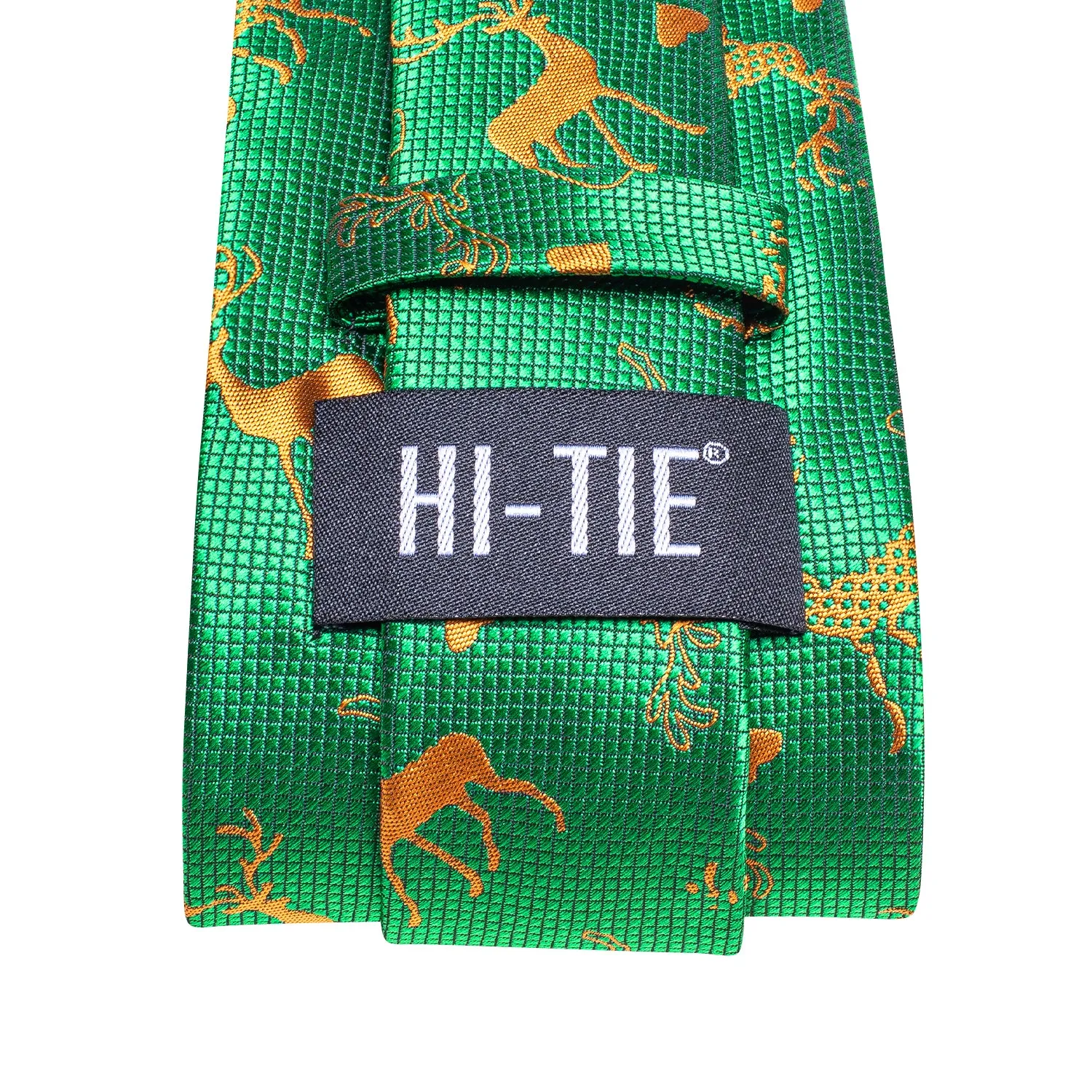 Hi-Tie Green Golden Elk Christmas Necktie Pocket Square Cufflinks Set