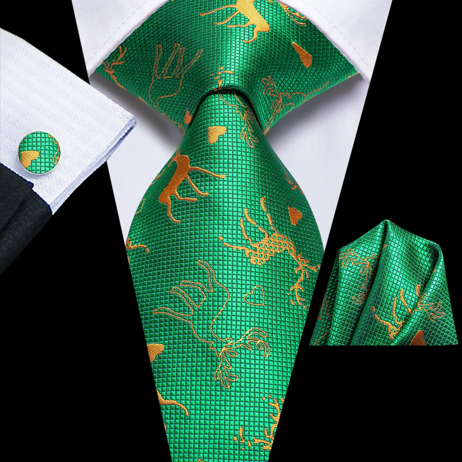 Hi-Tie Green Golden Elk Christmas Necktie Pocket Square Cufflinks Set