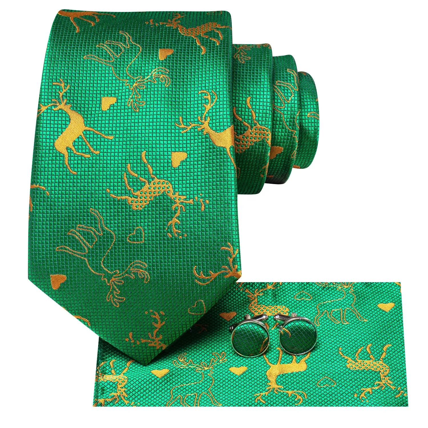 Hi-Tie Green Golden Elk Christmas Necktie Pocket Square Cufflinks Set