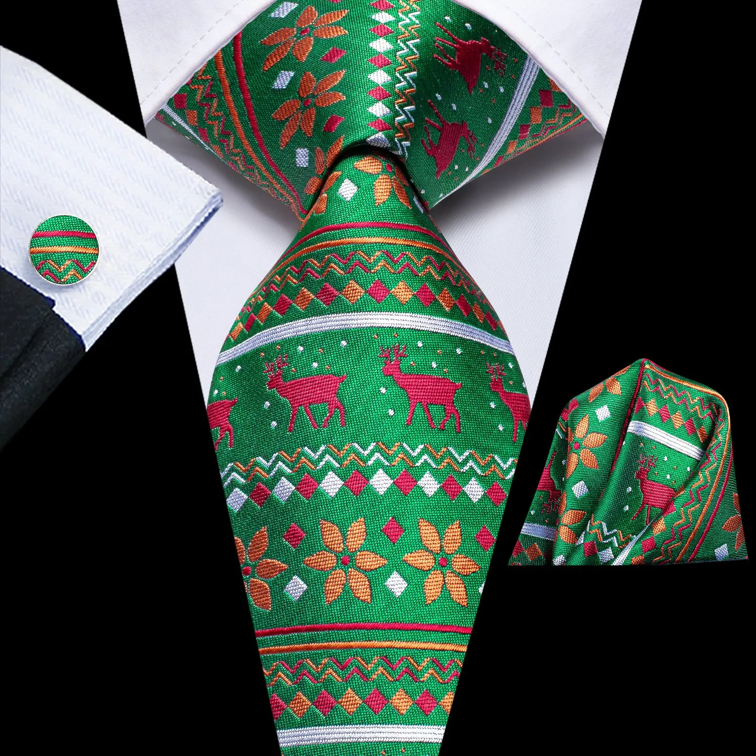 Hi-Tie Green Red Orange Novelty Necktie Pocket Square Cufflinks Set