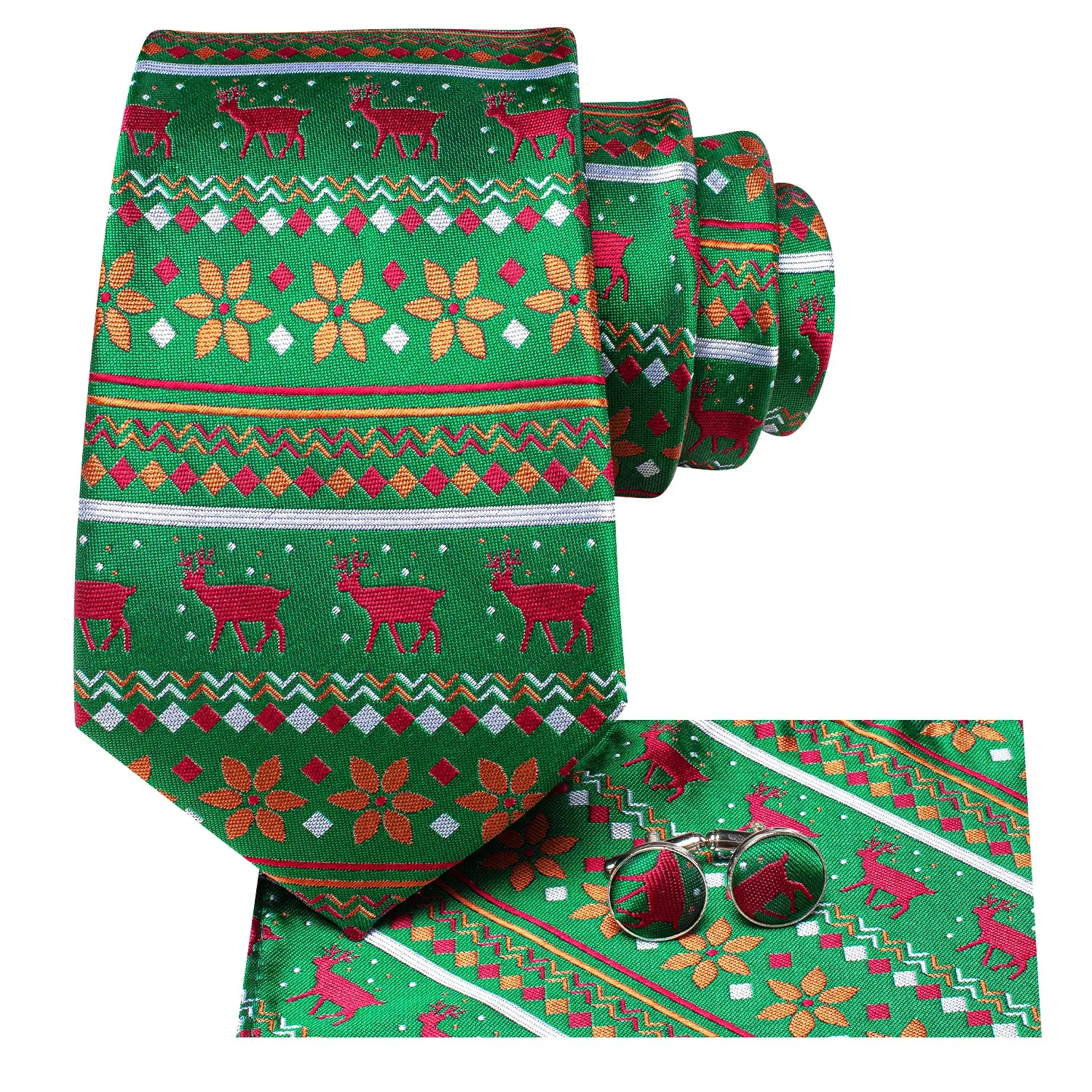 Hi-Tie Green Red Orange Novelty Necktie Pocket Square Cufflinks Set