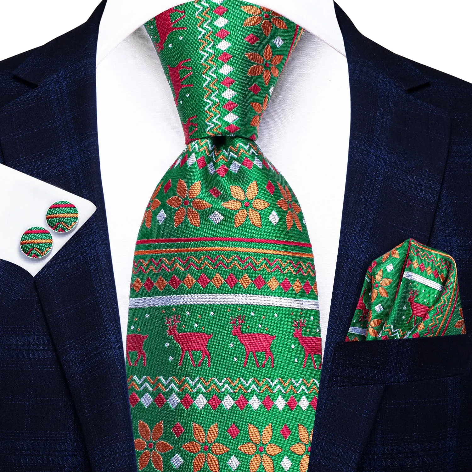 Hi-Tie Green Red Orange Novelty Necktie Pocket Square Cufflinks Set