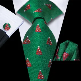 Hi-Tie Green Red Pine Christmas Designer Necktie Set