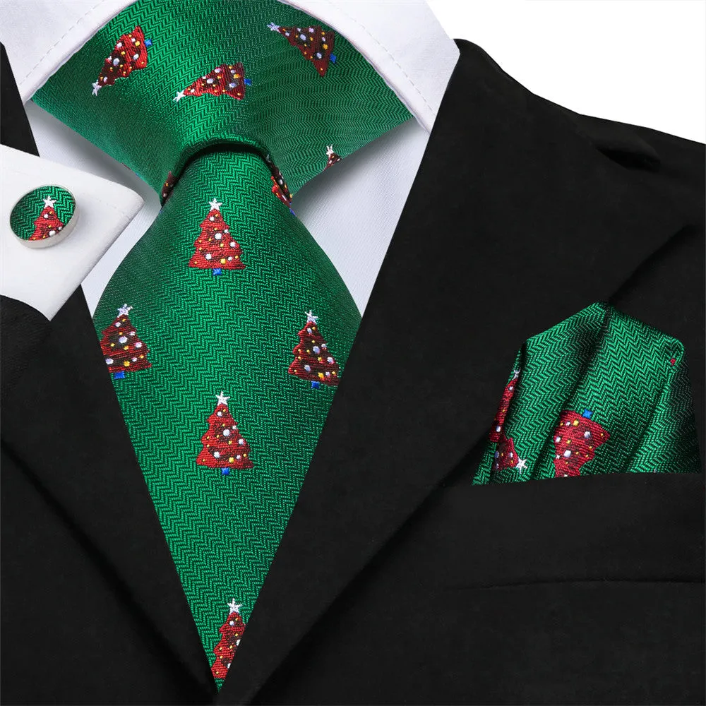 Hi-Tie Green Red Pine Christmas Designer Necktie Set