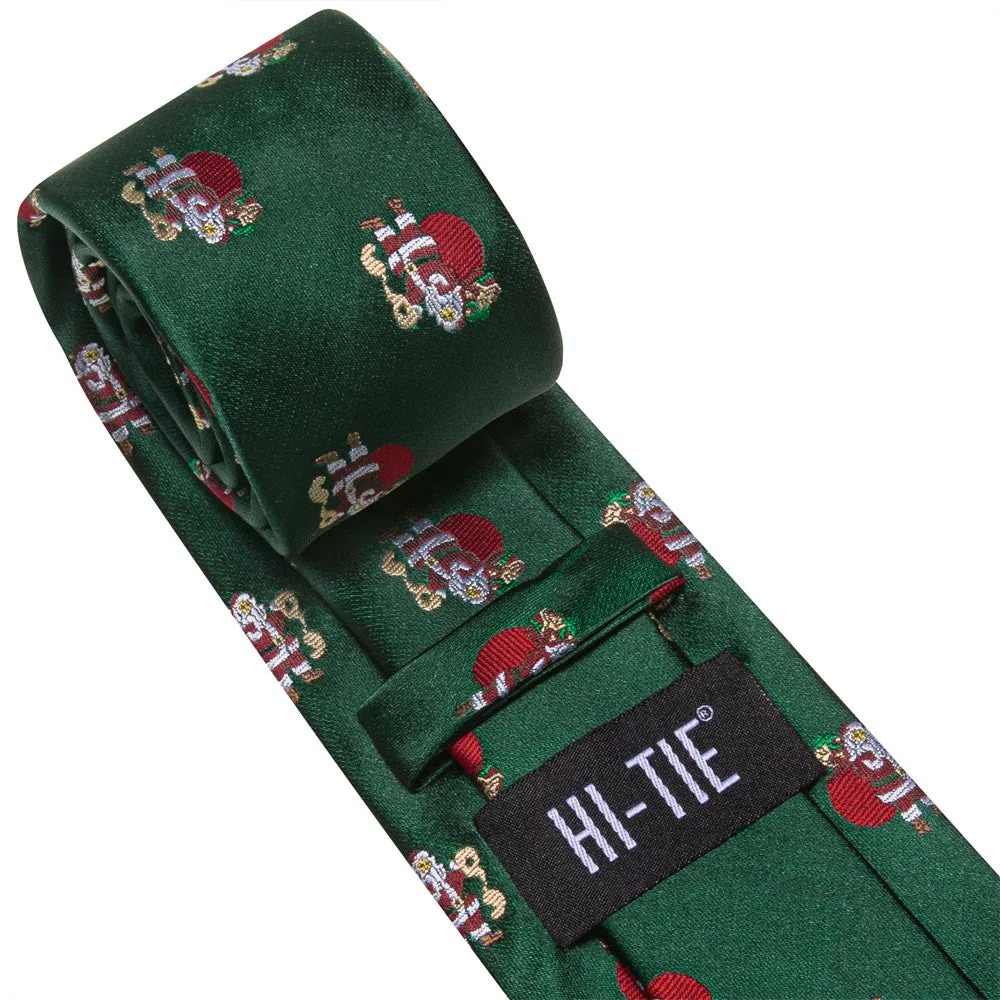 Hi-Tie Green Red Santa Claus Christmas Silk Necktie Pocket Square Cufflinks Set